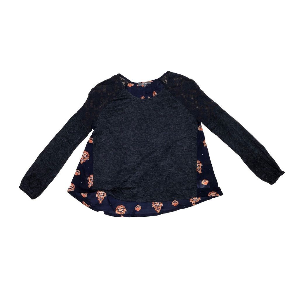 Miss Me Sweater S Navy Sheer Lace Shoulders High-low Floral Boho Mixed Media - Picture 4 of 11